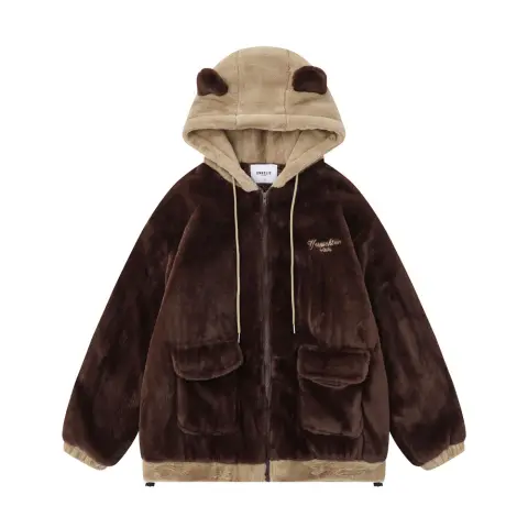 Cute Embroidered Bear Ear Hooded Lamb Plush Jacket