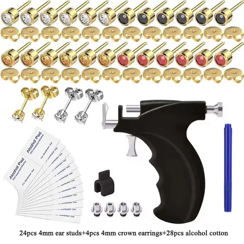 1Set Professional Steel Stainless Ear Piercing Gun Kit with 24pcs 4mm Piercing Studs & 4pcs 4mm Crown Studs