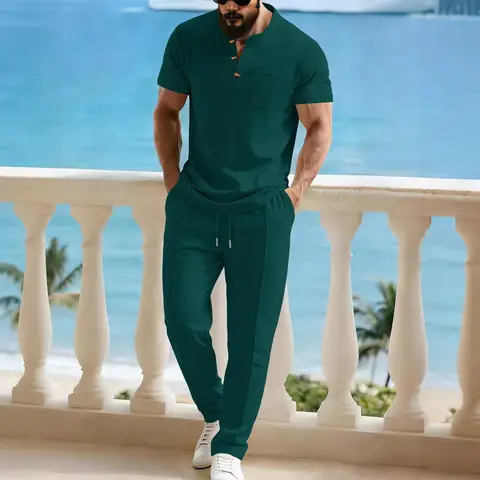 Mens Summer Waffle Knit Polo and Drawstring Pants 2-Piece Set