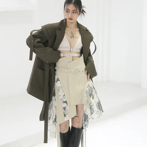 Lace-Trimmed Asymmetrical High-Waisted Skirt