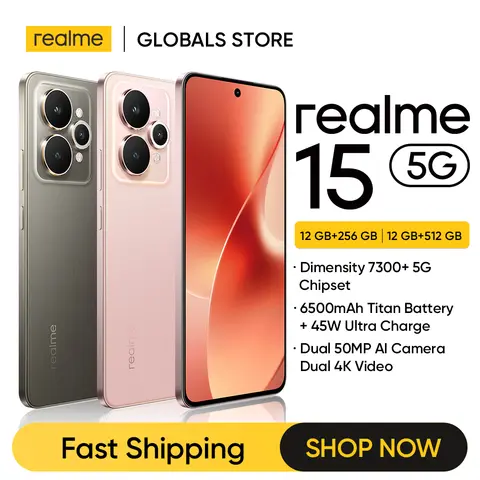 هاتف ريلمي 15 5G الذكي، معالج Dimensity 7300+، بطارية 6500 مللي أمبير، شحن سريع 45 واط، شاشة AMOLED مقاس 6.77 بوصة بمعدل تحديث 144 هرتز، كاميرا مزدوجة بدقة 50 ميجابكسل، تقنية NFC.