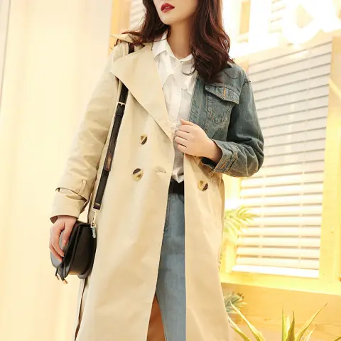 Women's Denim Stitching Loose Windbreaker with Sash