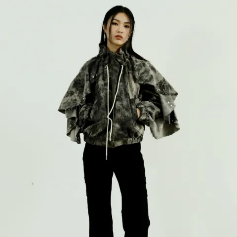 Tie-Dye Distressed Denim Jacket with Ruffled Hem
