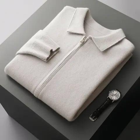 Men's 100% Pure Cashmere Zip Cardigan - Loose Fit Thick Long-Sleeve Knit Sweater