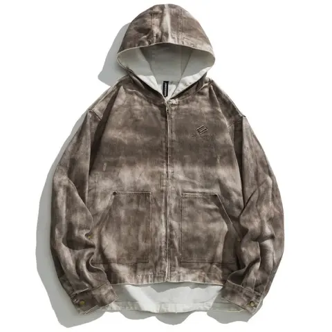Men's Ripped Distressed Denim Hooded Jacket Loose Fit