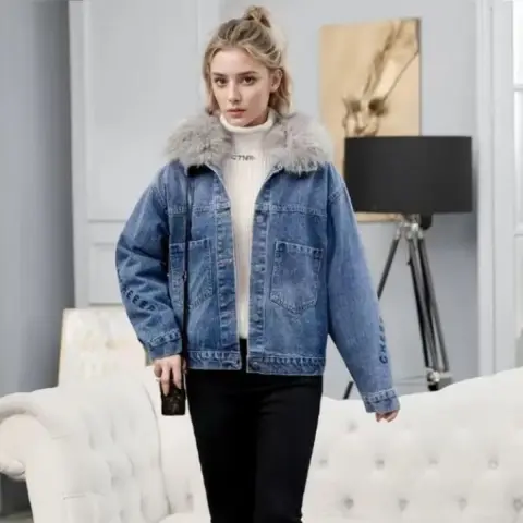 Women's Fleece Lined Denim Jacket with Faux Fur Collar