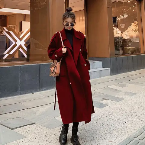 Women's Loose Fit Long Woolen Trench Coat