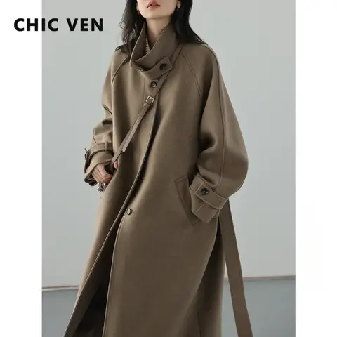 CHIC VEN Kadın Uzun Yünlü Trençkot Kemerli ve Reglan Kollu