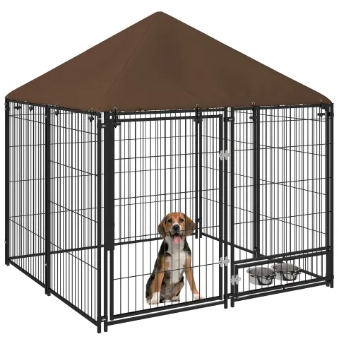 PawHut Outdoor Dog Kennel Puppy Play Pen With Canopy Garden Playpen Fence Crate Enclosure Cage Rotating Bowl 141 X 141 X 151 Cm