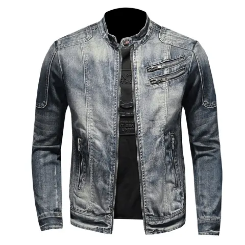 Men's Stand-Collar Zipper Motorcycle Denim Jacket