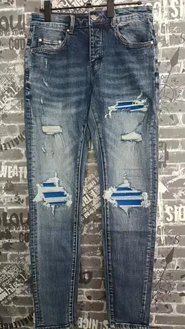 Erkek Retro Mavi Dar Paça Kot Pantolon Deri Yamalı