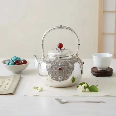 925 Sterling Silver Handcrafted Silver Teapot with Intricate Filigree Patterns and Vibrant Gemstone Accents - Handicraft