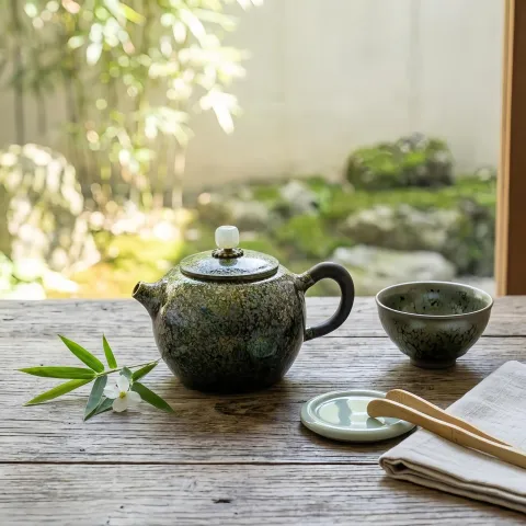 Pure 999 Fine Silver Iridescent Mottled Green Ceramic Teapot with Pale Green Gemstone Knob - Handicraft