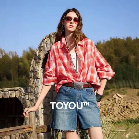 قميص TOYOUTH نسائي قطني كاروهات واسع بطابع كلاسيكي