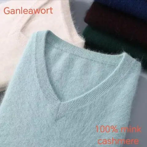 Ganleawort Erkek Saf Vizon Kaşmir V Yaka Kazak