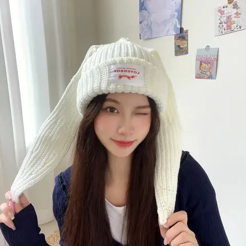 Niche personality rabbit ear wool hat autumn and winter ear protection and warm knitted hat for women