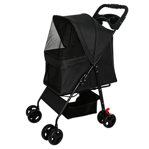 Foldable Pet Stroller for Small Dogs and Cats Under 28 lbs with Multi-Functional Tray, 2 Safety Leashes, Storage Basket & Breathable Mesh, 4 Wheels Pet Stroller, Black