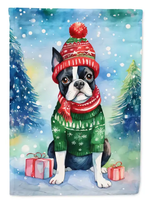 Boston Terrier Noel Temalı Dekoratif Ev Bayrağı