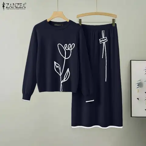 ZANZEA Long Sleeve Top & Elastic Waist Skirt Set