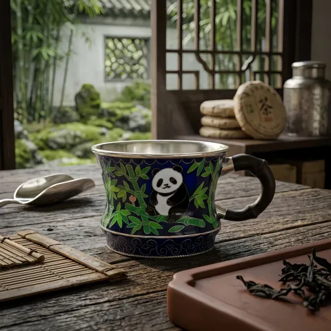 Pure 999 Fine Silver Elegant Panda Bamboo Enamel Mug with Stainless Steel Interior and Bamboo Handle-Premium Indigo Master Cup - Handicraft