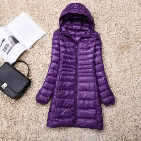 Kadın Hafif Uzun Kapüşonlu Ördek Tüyü Mont, M–7XL Beden