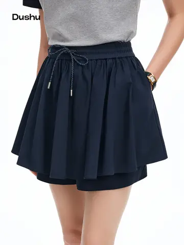 DUSHU Women's White Pleated Drawstring Mini Skirt 26DS82056