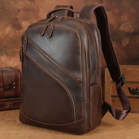 Large Capacity Premium Crazy Horse Leather Back Pack Bag With USB Men Expand Brown Cowhide Genuine Leather Travel Backpack