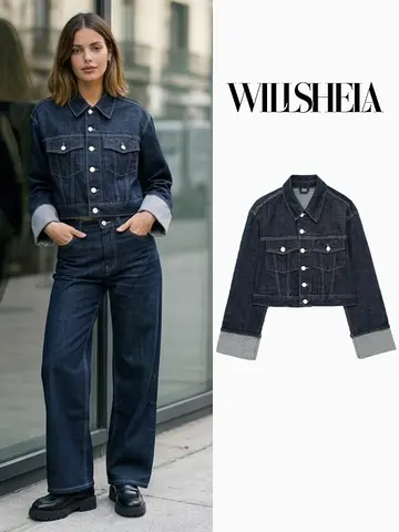 Willshela Women's Denim Jacket with Pockets and Lapel Neck