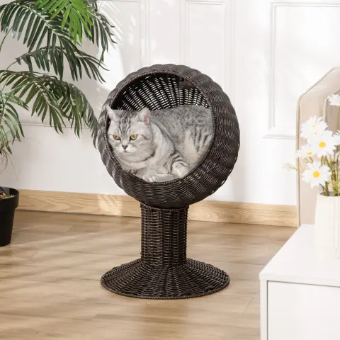 Elevated Cat Bed with Rotatable Egg Chair Pod, Cat Basket Bed with Thick Cushion, Natural Mat Grass Woven Kitty House, Coffee