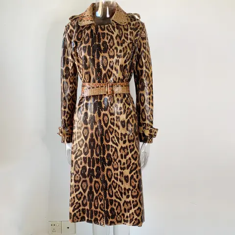 Women's Leopard Pattern Loose Long Trench Coat Cardigan with Tie