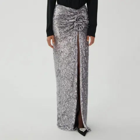Women's Silver Glitter Asymmetric Long Skirt