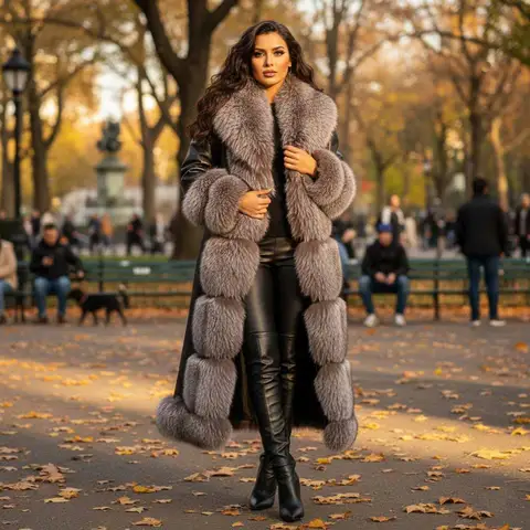 Women's Long Genuine Leather Trench Coat with Detachable Fox Fur Collar & Cuffs