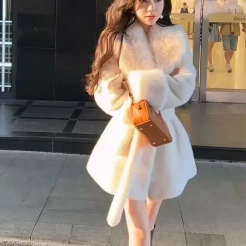Women's Mid-Length Cashmere Fur Coat with Belt