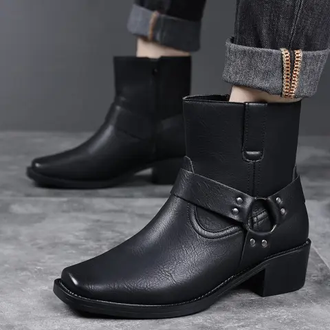Men's Retro British Leather Ankle Boots with Metal Buckles