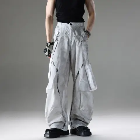 American-style Vintage Tie-dye Wide-leg Pants With A Double-buckle Design
