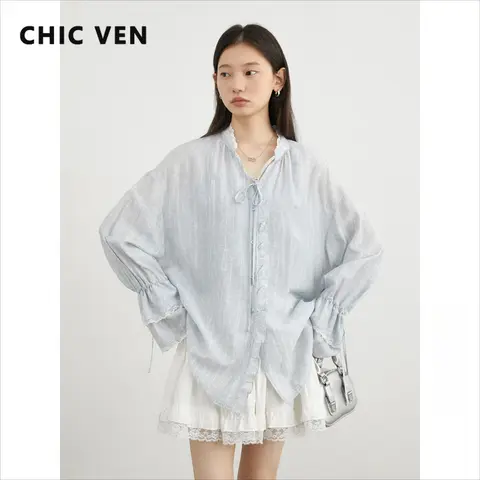 قميص نسائي CHIC VEN واسع بأزرار وأكمام طويلة