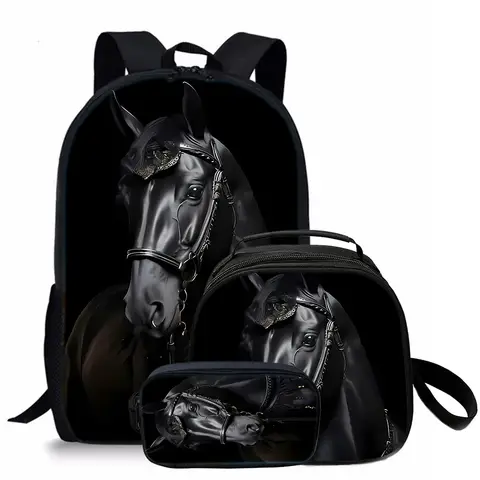 3 Pcs Set Horse Round Lunch Bags Pencil Bags School Bags For Boy/Girls Best Gifts 2D Flat Cartoon Backpack For Children