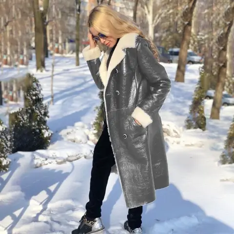 Women's Long PU Leather Coat with Faux Fur Trim