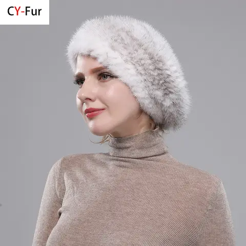 Women's Real Mink Fur Knitted Winter Beret Hat