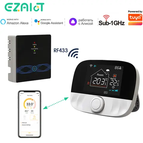 ثيرموستات ذكي من Tuya يعمل بتقنية WiFi وRF 433، مجموعة ترموستات لاسلكية للغرف، جهاز تحكم في درجة الحرارة لتدفئة المياه وغلايات الغاز، متوافق مع تطبيق Smart Life، يعمل بالبطارية أو USB، يدعم التحكم الصوتي عبر أليكسا وجوجل هوم وأليس.