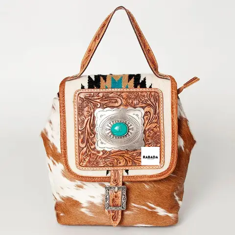 Handcrafted Western Tooled Hair on Genuine Leather Backpack Stylish Turquoise Concho Cow Print Bags Hot Sale Bags