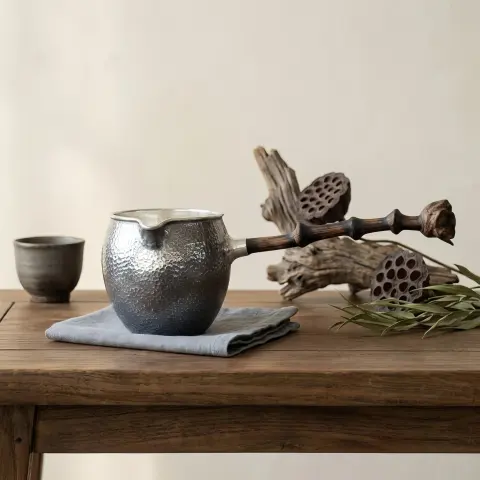 925 Sterling Silver Artisanal Hand-Hammered Silver Turkish Coffee Pot with Rustic Wooden Handle - Handicraft
