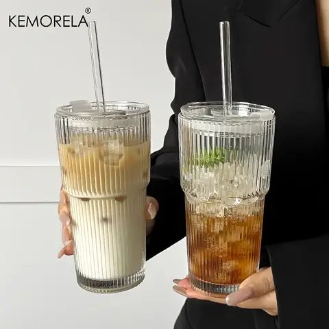 كوب قهوة زجاجي مخطط 600ML مع غطاء وبدون شفاطة