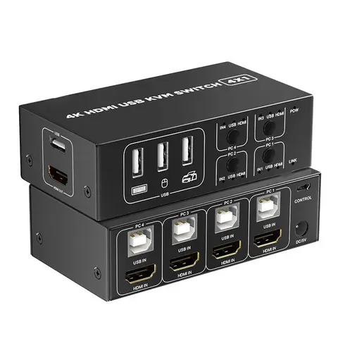 4 Port HDMI KVM Switch 4 in 1 out 4K 60Hz HDMI USB Switch Selector with Desktop Controller for 4 PC Share Monitor Mouse Keyboard