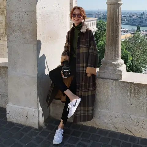 Women's Autumn Winter Loose Plaid Woolen Coat