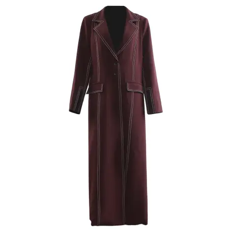 Kontrast Dikişli Uzun Maksi Blazer Kaban