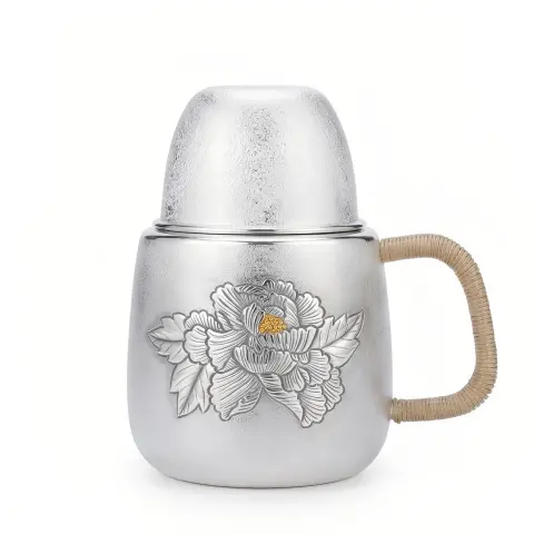925 Sterling Silver Silver Peony Tea Vessel with Natural Rattan Handle and Floral Relief - Handicraft