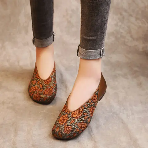 Handmade Vintage Floral Wedge Shoes for Women