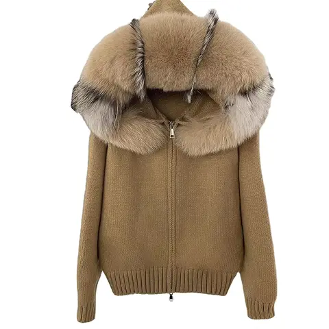Women's Winter Long Coat Sweater with Hooded Fox Fur Collar