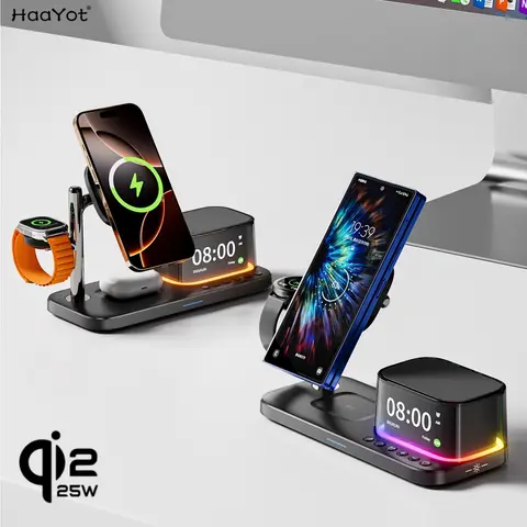 محطة شاحن لاسلكية مغناطيسية فائقة السرعة QI2.2 بقدرة 25 وات لهاتف Galaxy S25/S26 iPhone 17 16 Pro Max Apple & Galaxy Watch Airpods Buds
